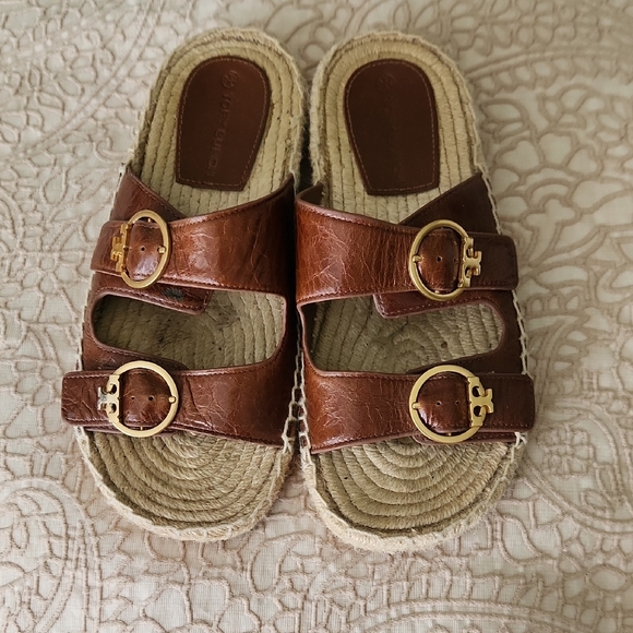 Tory Burcch Brown Leather Sandals with Gold Buckles - Picture 2 of 6
